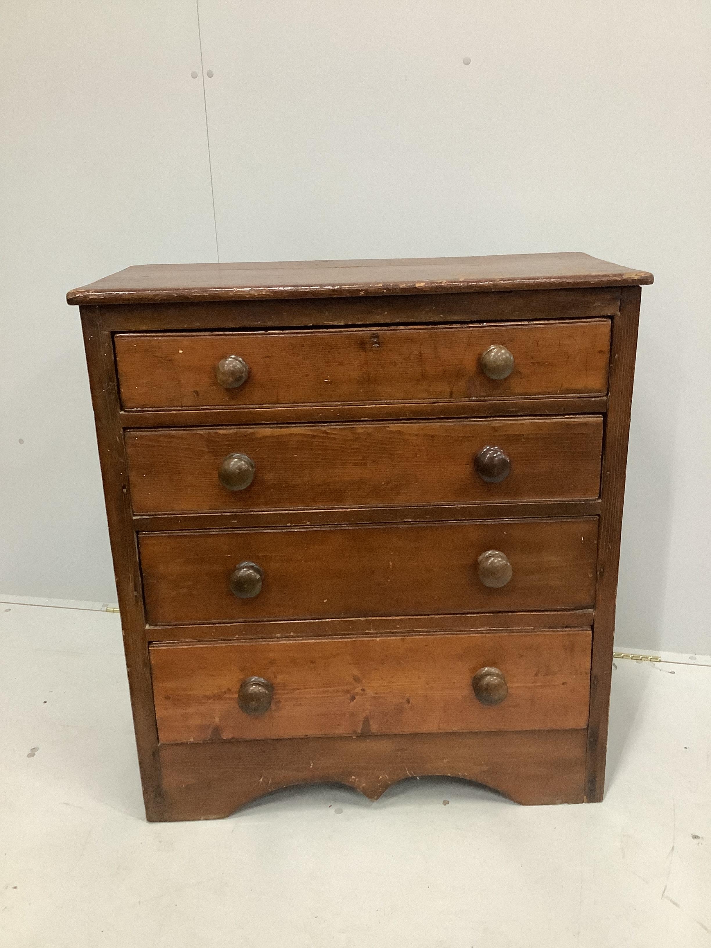 A Victorian provincial pine chest of four drawers, width 87cm, depth 42cm, height 97cm